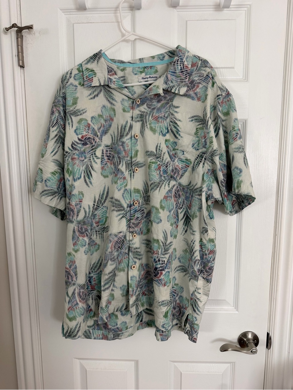 Tommy Bahama Cream Tropical Print Camp Shirt with Green and Blue Accents